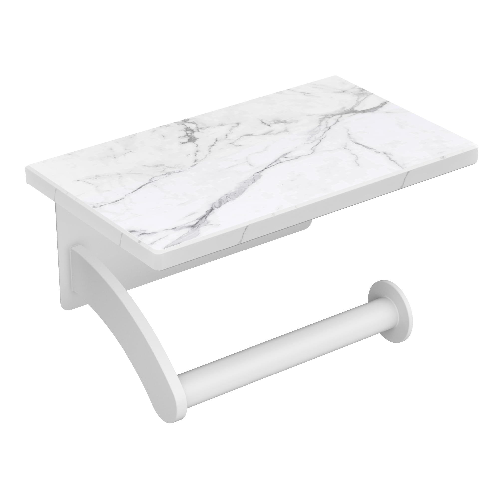 FORIOUS Toilet Paper Holder with Phone Shelf, Natural Marble Wall Mount Tissue Roll Holder for Bathroom, Washroom, 304 Stainless Steel Commercial Toilet Tissue Dispensers with Shelf, Brushed Nickel