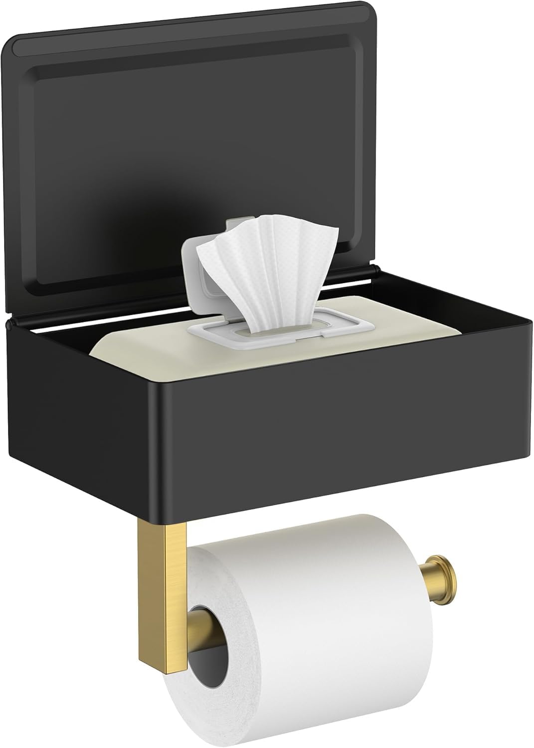 FORIOUS Toilet Paper Holder with Shelf, Sanitary Napkin Receptacle Tampon Holder, Wall Mount Toilet Paper Holder with Storage, Flushable Wipes Dispenser Fits for Bathroom Commercial(1, Matte Black)