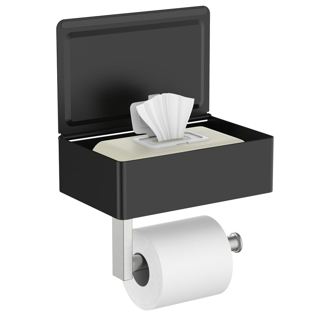 FORIOUS Toilet Paper Holder with Shelf, Sanitary Napkin Receptacle Tampon Holder, Wall Mount Toilet Paper Holder with Storage, Flushable Wipes Dispenser Fits for Bathroom Commercial(1, Matte Black)