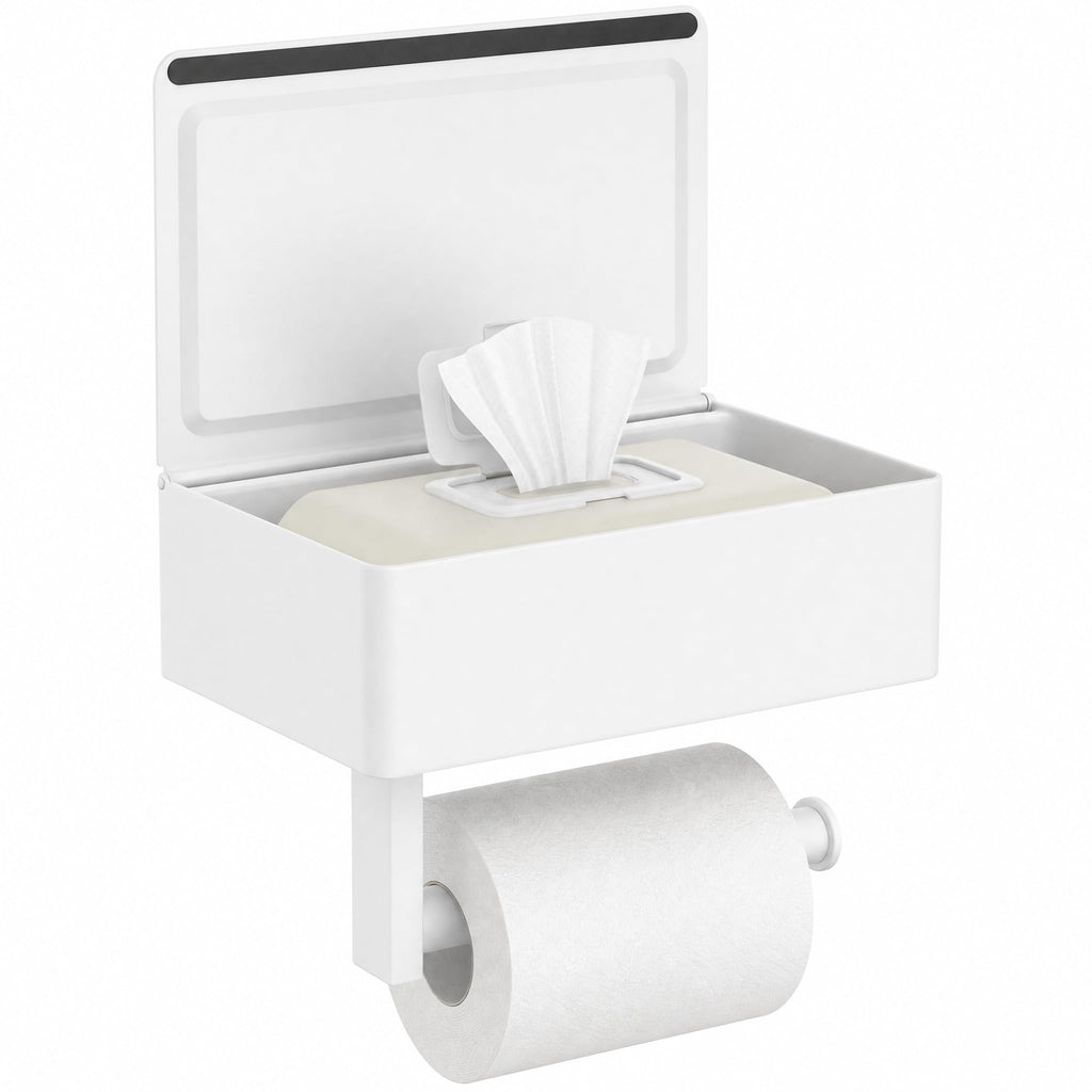 FORIOUS Toilet Paper Holder with Shelf, Sanitary Napkin Receptacle Tampon Holder, Wall Mount Toilet Paper Holder with Storage, Flushable Wipes Dispenser Fits for Bathroom Commercial(1, Matte Black)