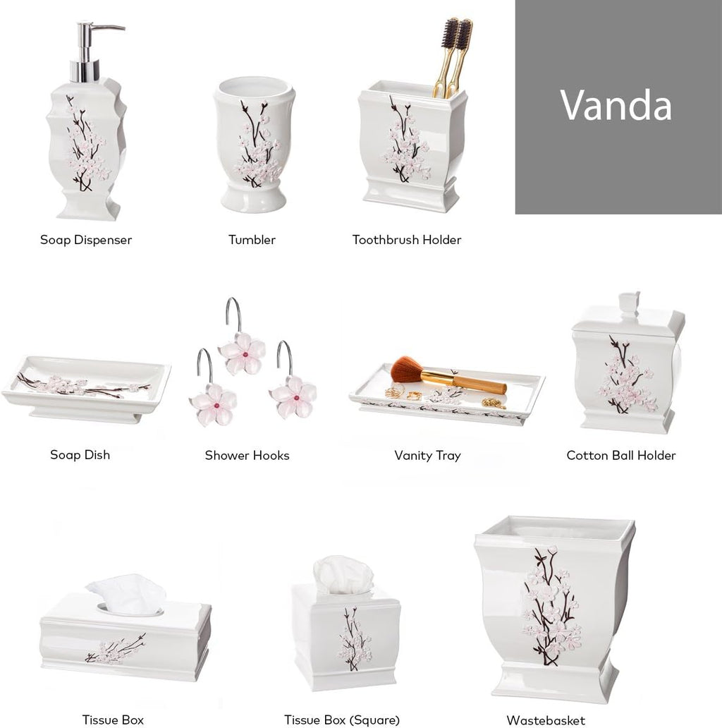 Creative Scents Vanda Bathroom Set - Cherry Blossom White Bathroom Accessories Set - 4 Piece Floral Bathroom Soap Dispenser Set Includes: Lotion Dispenser, Toothbrush Holder, Tumbler & Soap Dish