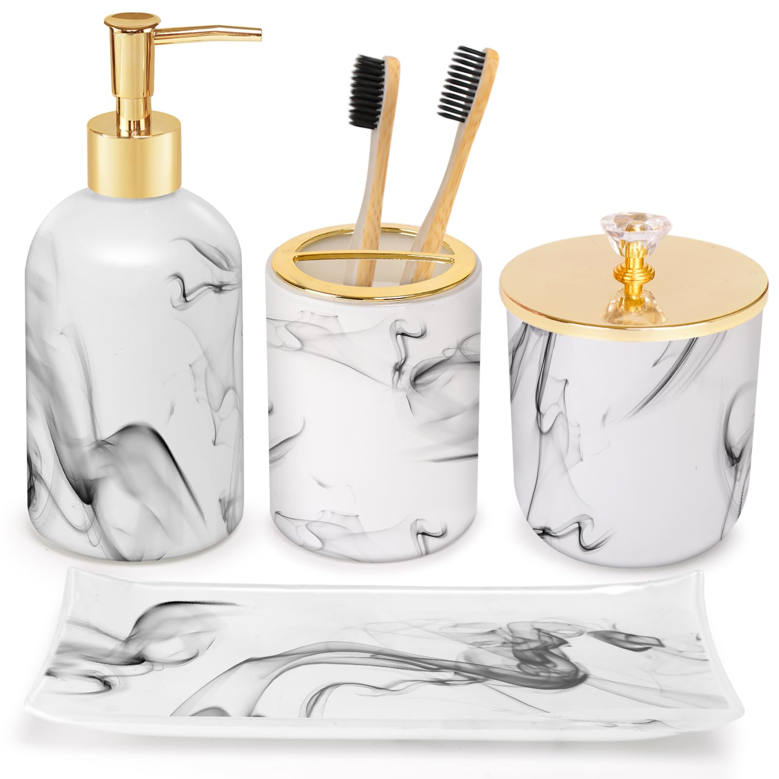 Haturi Bathroom Accessories Set, 4Pcs Sage Green Glass Bathroom Set Complete w/Bathroom Soap Dispenser Set, Toothbrush Holder, Qtip Holder, Soap Dish, Green Bathroom Decor, Gift for Home Apartment