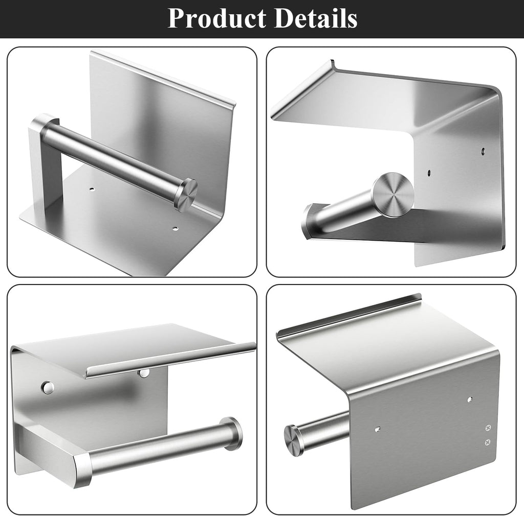 Tindbea Heavy Duty Toilet Paper Holder with Shelf, Adhesive or Screw Wall Mount Toilet Tissue Roll Holder, Rustproof & Multifunctional Stainless Steel Bathroom Storage Dispenser (Brushed Nickel)