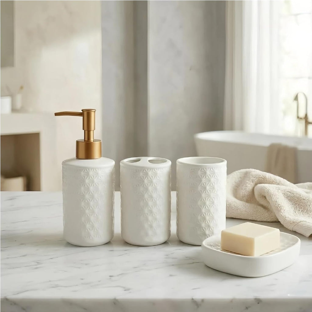 White Bathroom Accessories Set, 4 Pcs Ceramic Bathroom Accessory Set, Lotion Soap Dispenser, Toothbrush Holder Set with Soap Dish, Modern Bathroom Decor (Star-Patterned)