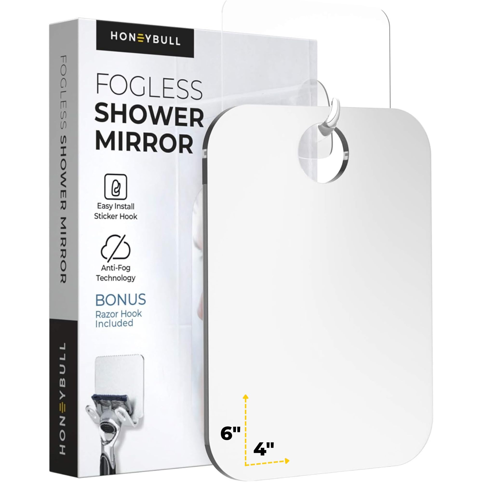 HONEYBULL Fogless Shower Mirror for Shaving – Anti-Fog Acrylic Mirror with Razor Holder, No-Drill Wall Mount, Flat Design for Steam Showers, Medium 6x8in