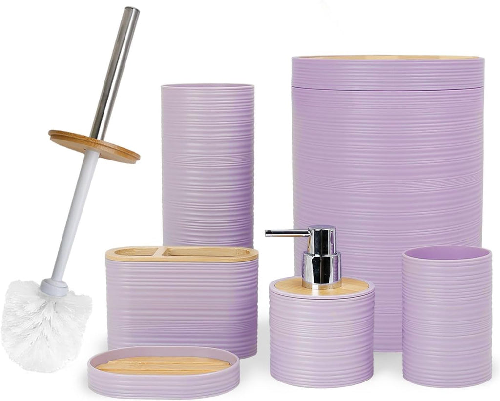 CERBIOR Bathroom Accessories Set 6 Piece Bamboo Bath Ensemble Includes Soap Dispenser, Toothbrush Holder, Toothbrush Cup, Soap Dish for Decorative Countertop and Housewarming Gift, Sriral Green