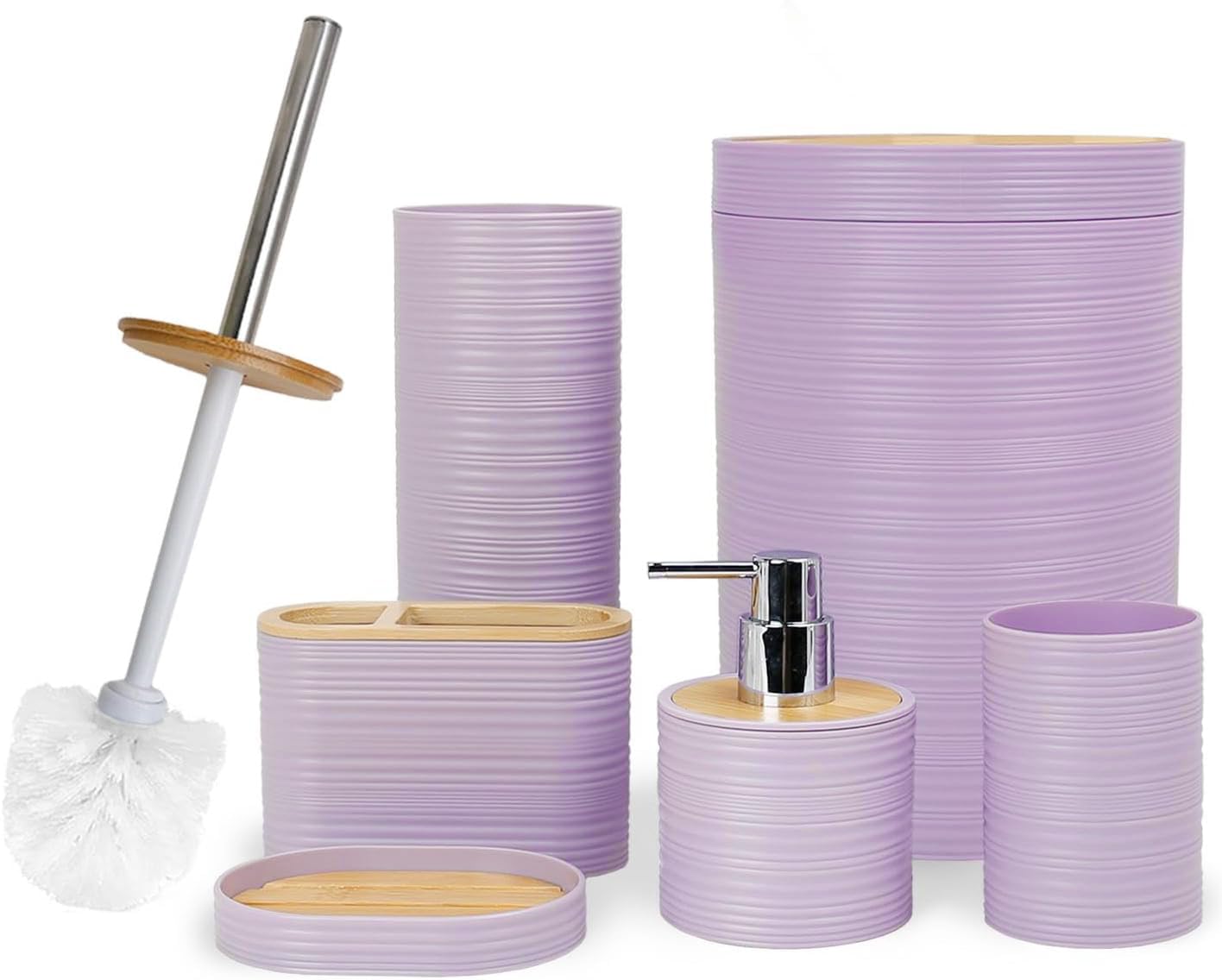 CERBIOR Bathroom Accessories Set 6 Piece Bamboo Bath Ensemble Includes Soap Dispenser, Toothbrush Holder, Toothbrush Cup, Soap Dish for Decorative Countertop and Housewarming Gift, Sriral Green