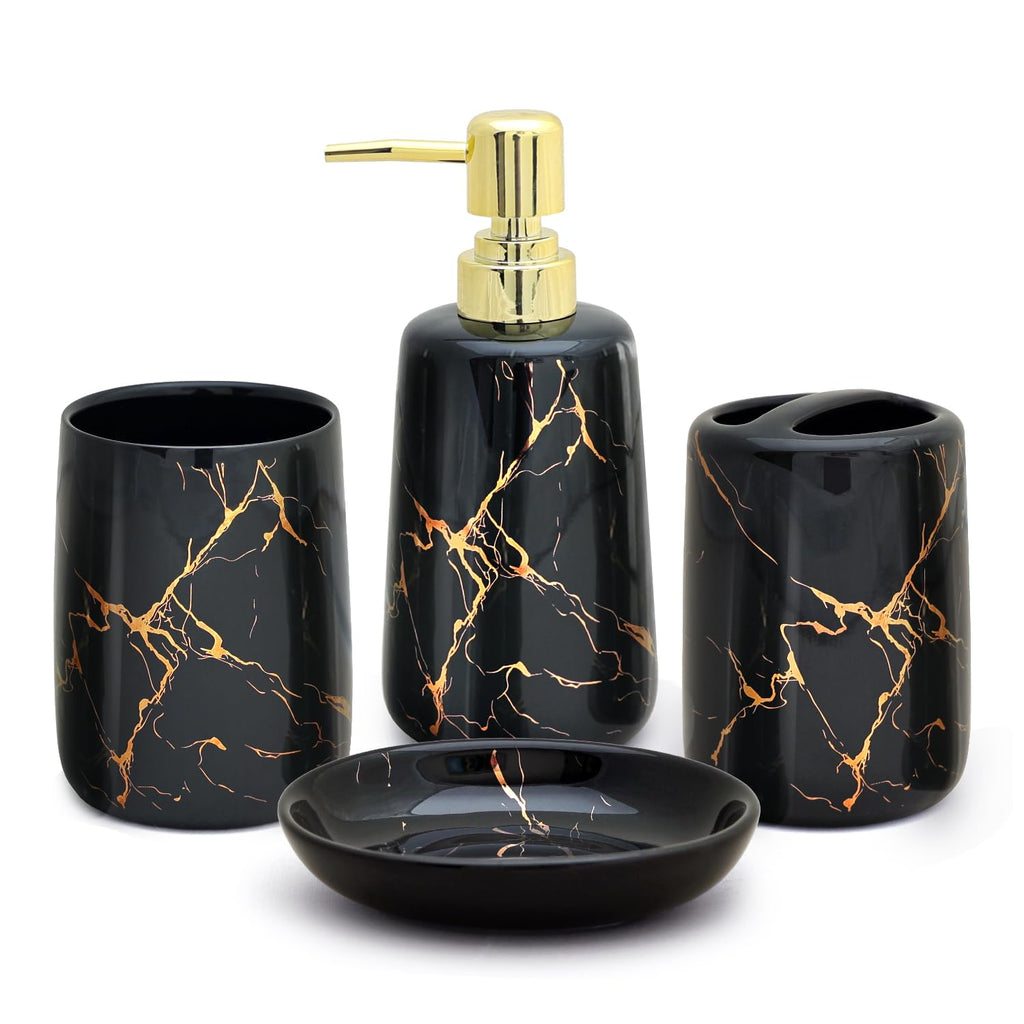 CERBIOR Bathroom Accessories Set,4 Pcs Ceramic Bathroom Decor Accessory,Includes Toothbrush Holder, Toothbrush Cup, Soap Dish for Decorative Countertop and Housewarming Gift, (Brown White)
