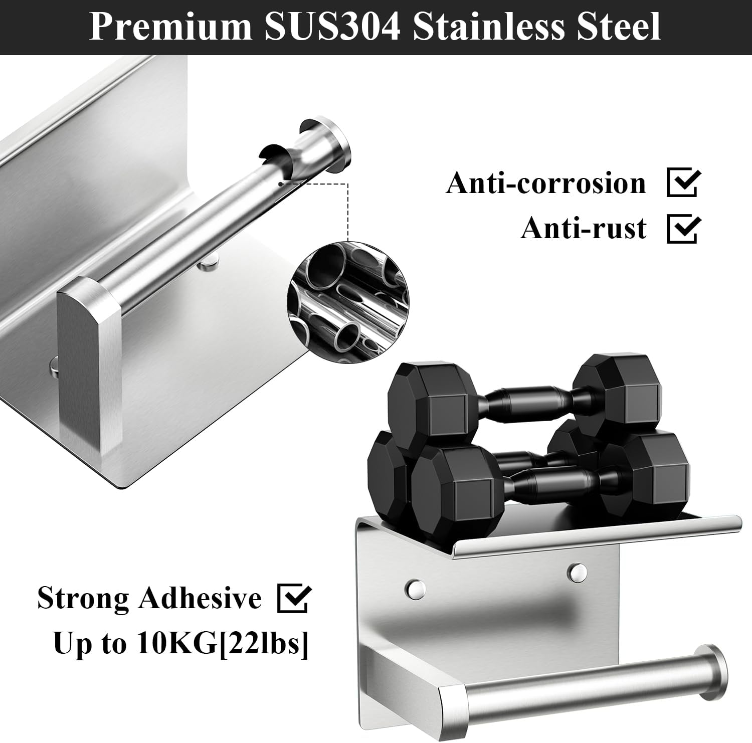 Tindbea Heavy Duty Toilet Paper Holder with Shelf, Adhesive or Screw Wall Mount Toilet Tissue Roll Holder, Rustproof & Multifunctional Stainless Steel Bathroom Storage Dispenser (Brushed Nickel)