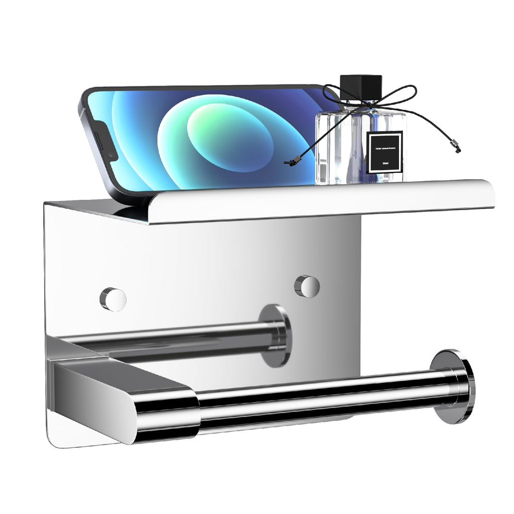 GLNLQ Matte Black Toilet Paper Holder with Shelf, Fits Mega Rolls, Rustproof Stainless Steel, Self Adhesive Wall Mount Toilet Paper Roll Holder, for Bathroom, Washroom, Kitchen, RV