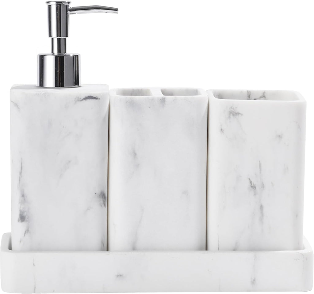 YMXYJM Bathroom Accessories Set, 4 Pcs Bathroom Accessory Set, Soap Dispenser, Toothbrush Holder, Qtip Holder Set, Bathroom Sets Complete, Bathroom Sink Set for Modern Home Decor, White