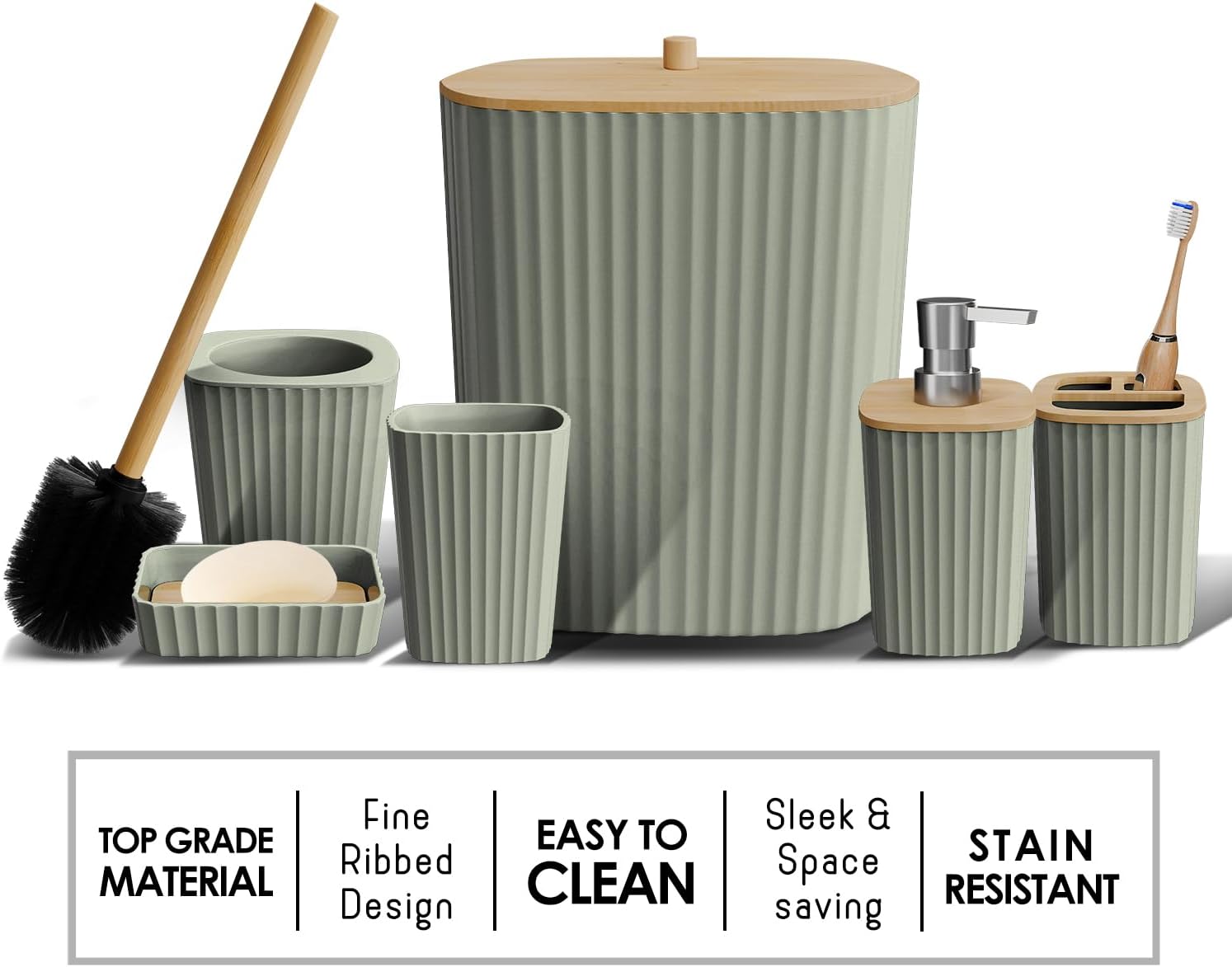 Clara Clark Bathroom Set - Sage Green Bathroom Accessories Set, 6PC Bathroom Accessory Set, Bathroom Sets with Toilet Brush, Trash Can & Soap Dispenser