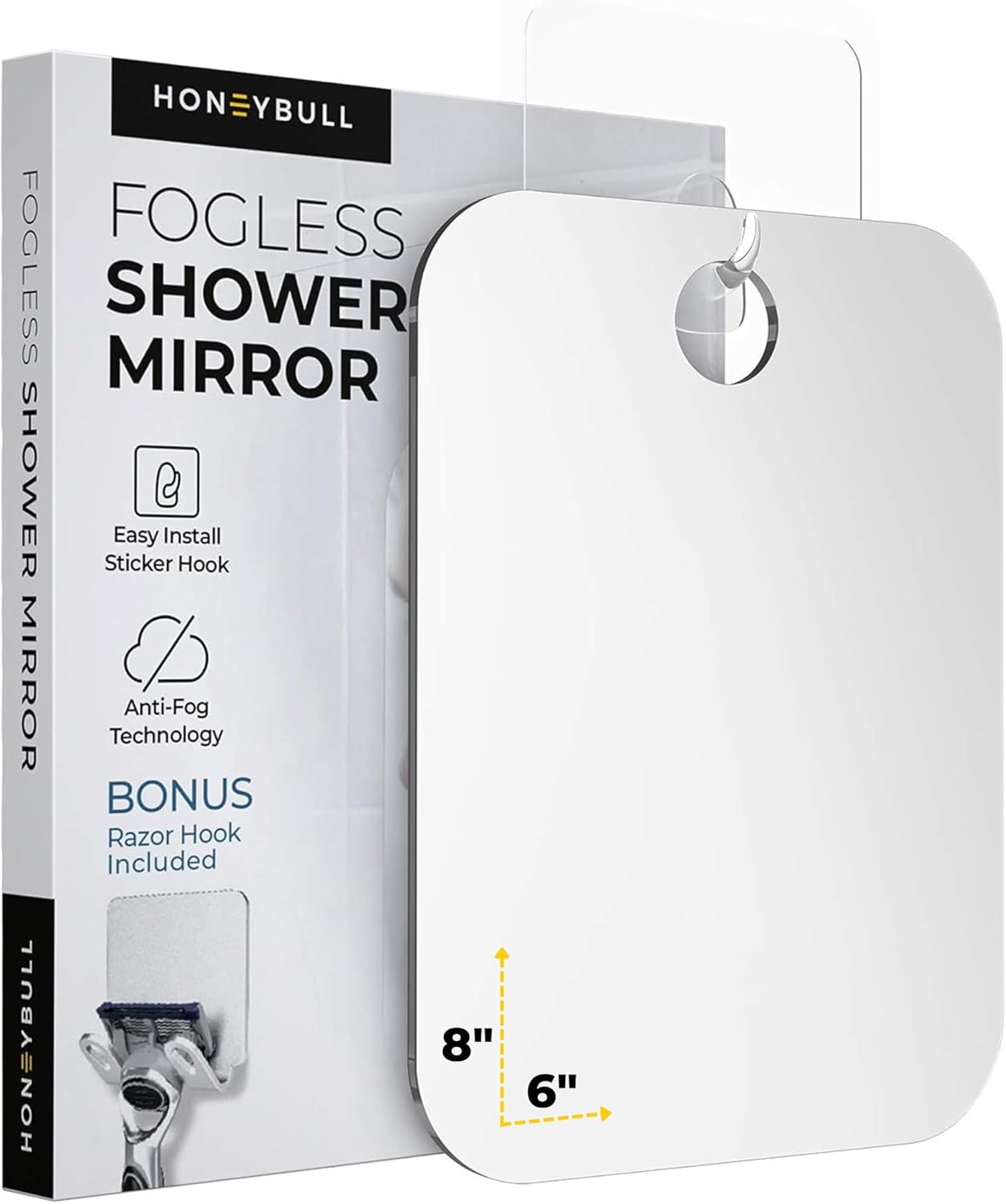 HONEYBULL Fogless Shower Mirror for Shaving – Anti-Fog Acrylic Mirror with Razor Holder, No-Drill Wall Mount, Flat Design for Steam Showers, Medium 6x8in