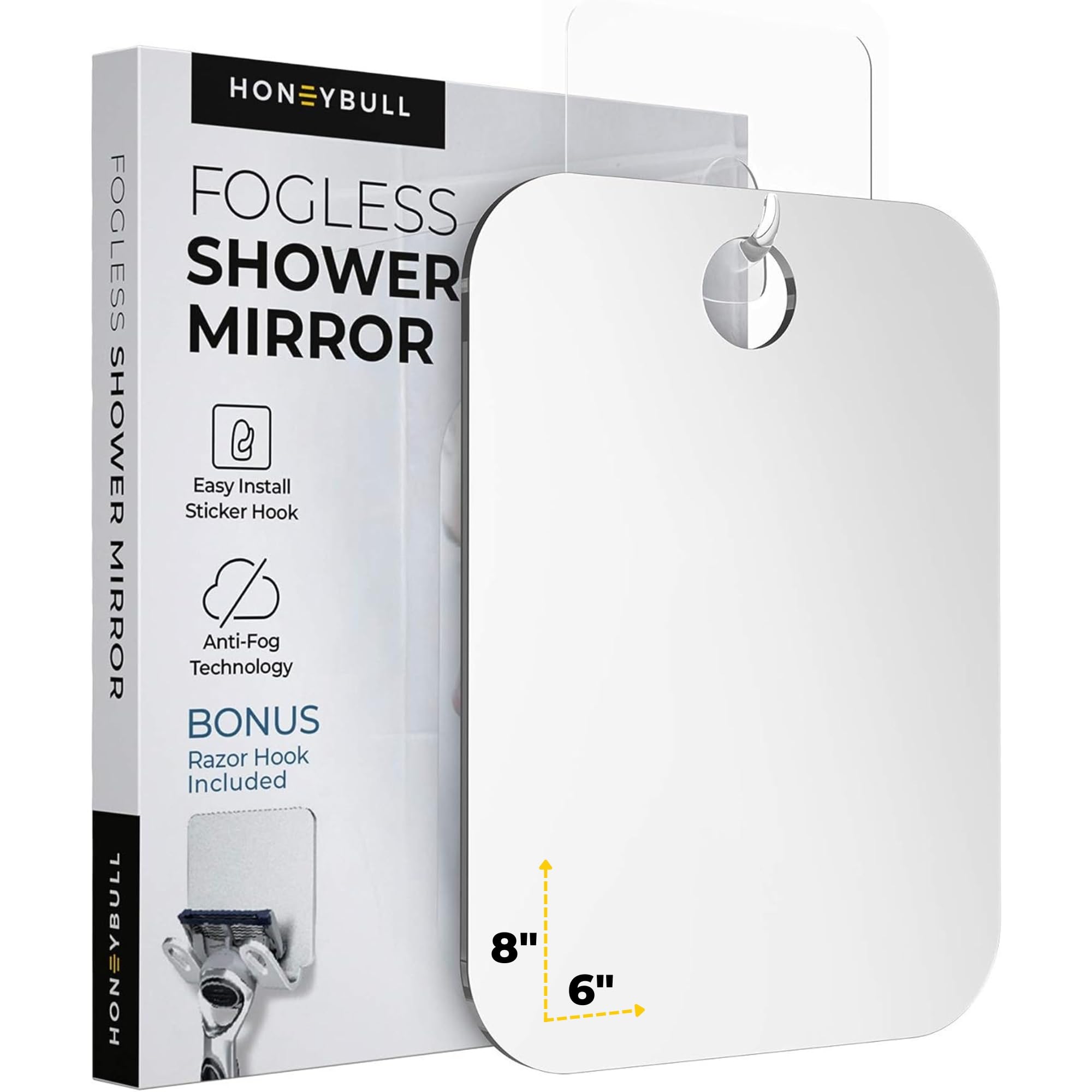 HONEYBULL Fogless Shower Mirror for Shaving – Anti-Fog Acrylic Mirror with Razor Holder, No-Drill Wall Mount, Flat Design for Steam Showers, Medium 6x8in