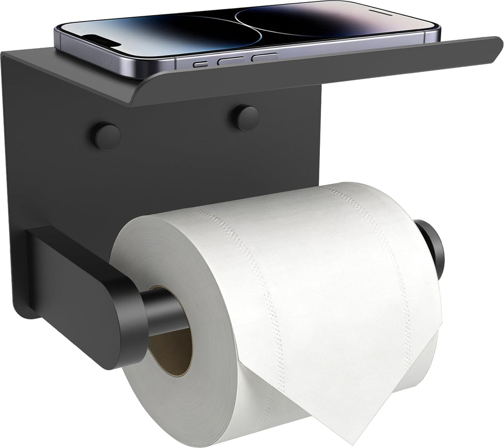 SetSail Toilet Paper Holder with Shelf Adhesive or Screw Bathroom Toilet Paper Roll Holders Wall Mount Matte Black Tissue Holder for Bathroom Hardware Accessories
