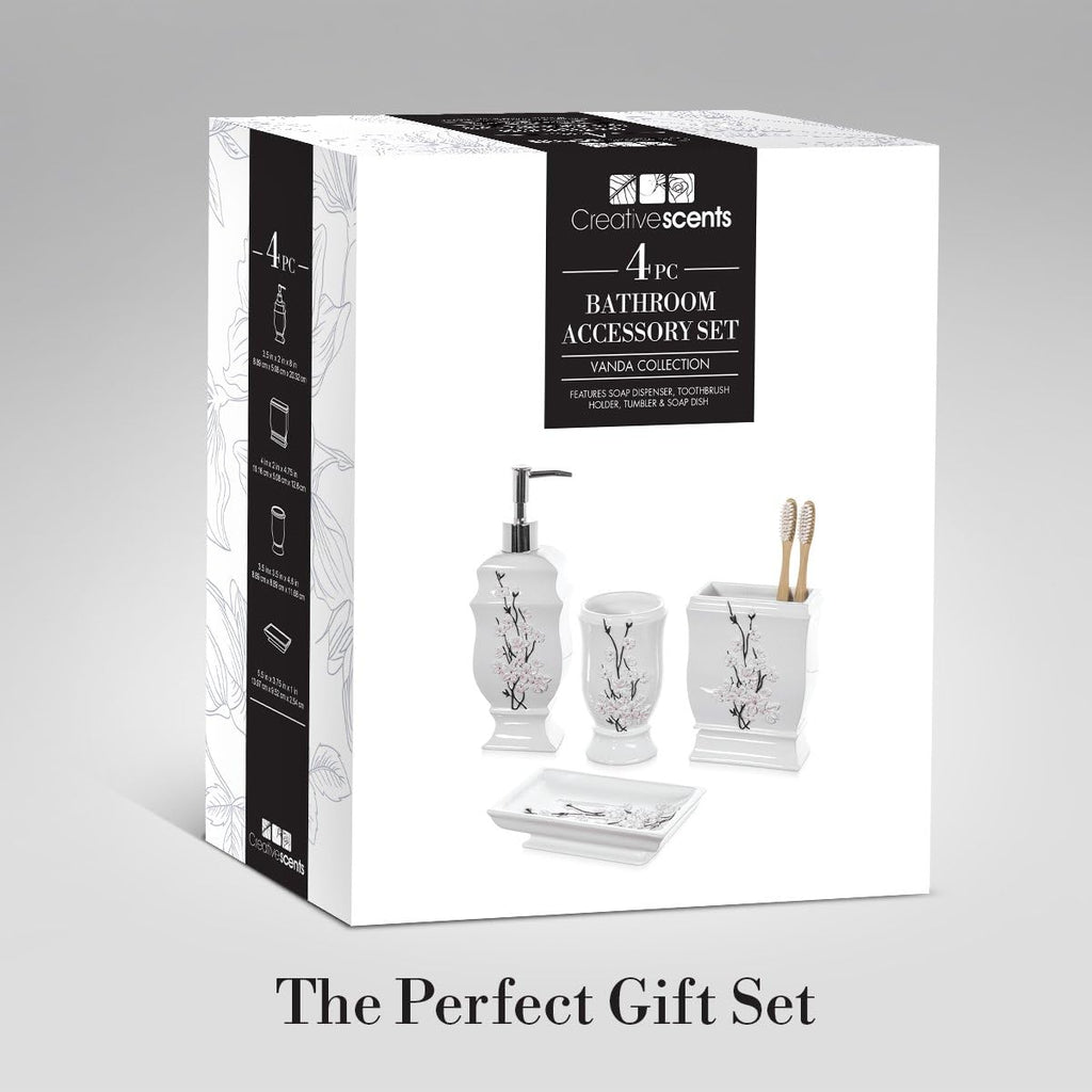 Creative Scents Vanda Bathroom Set - Cherry Blossom White Bathroom Accessories Set - 4 Piece Floral Bathroom Soap Dispenser Set Includes: Lotion Dispenser, Toothbrush Holder, Tumbler & Soap Dish