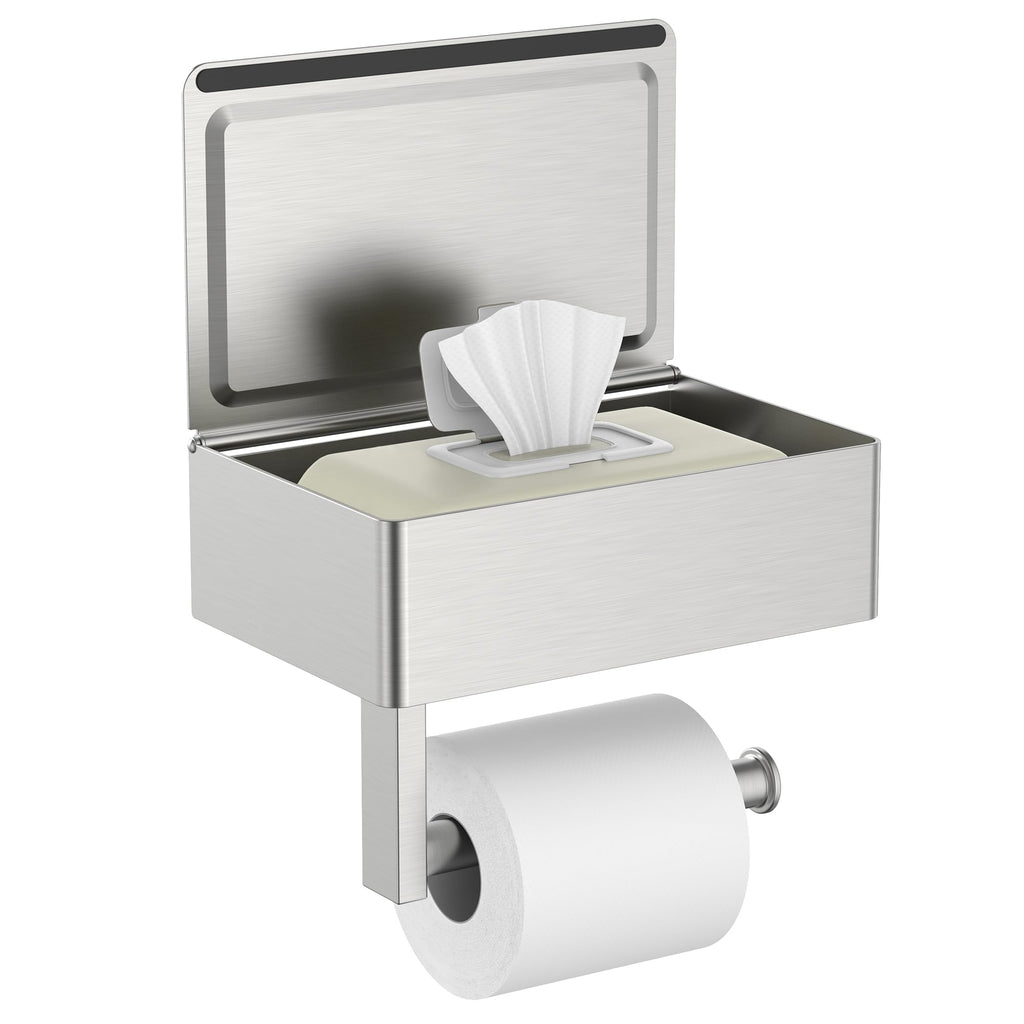 FORIOUS Toilet Paper Holder with Shelf, Sanitary Napkin Receptacle Tampon Holder, Wall Mount Toilet Paper Holder with Storage, Flushable Wipes Dispenser Fits for Bathroom Commercial(1, Matte Black)