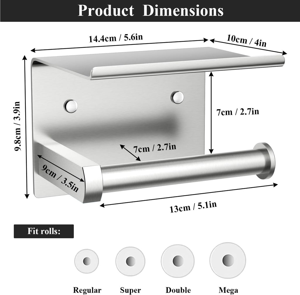 Tindbea Heavy Duty Toilet Paper Holder with Shelf, Adhesive or Screw Wall Mount Toilet Tissue Roll Holder, Rustproof & Multifunctional Stainless Steel Bathroom Storage Dispenser (Brushed Nickel)