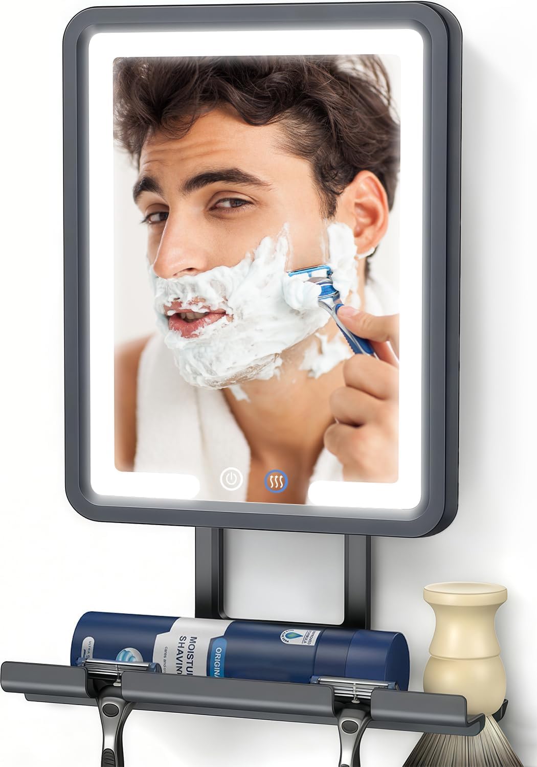 Heated Shower Mirror Fogless for Shaving with 3-Color Dimmable LED Lights, Rechargeable, 360 Degree Adjustable, Drill-Free, All-in-One Storage Tray Holds Shaving Foam, Brush and 2 Razors, Black