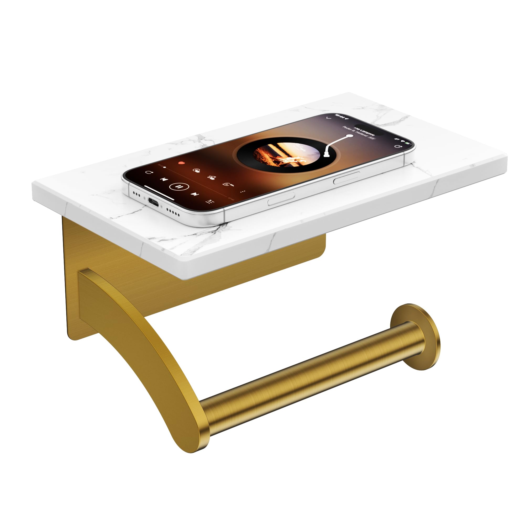 FORIOUS Toilet Paper Holder with Phone Shelf, Natural Marble Wall Mount Tissue Roll Holder for Bathroom, Washroom, 304 Stainless Steel Commercial Toilet Tissue Dispensers with Shelf, Brushed Nickel