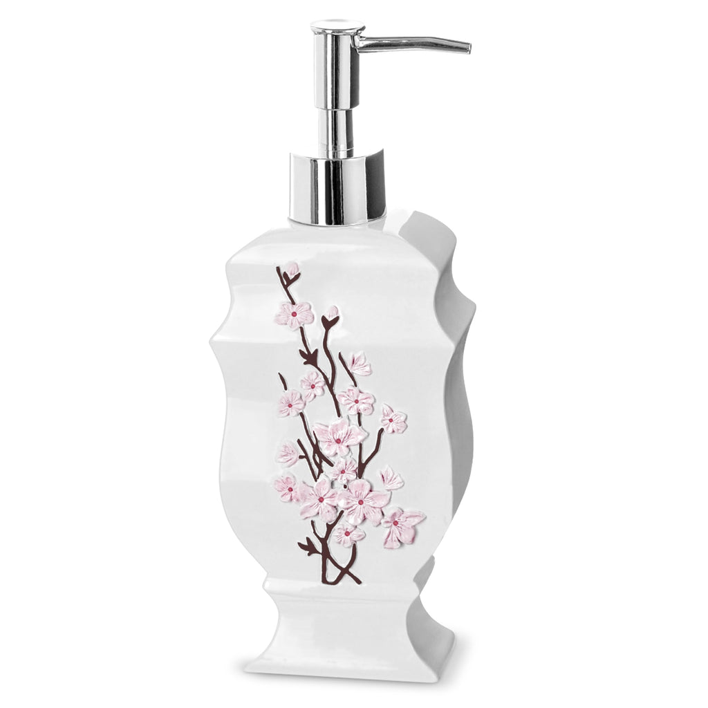 Creative Scents Vanda Bathroom Set - Cherry Blossom White Bathroom Accessories Set - 4 Piece Floral Bathroom Soap Dispenser Set Includes: Lotion Dispenser, Toothbrush Holder, Tumbler & Soap Dish