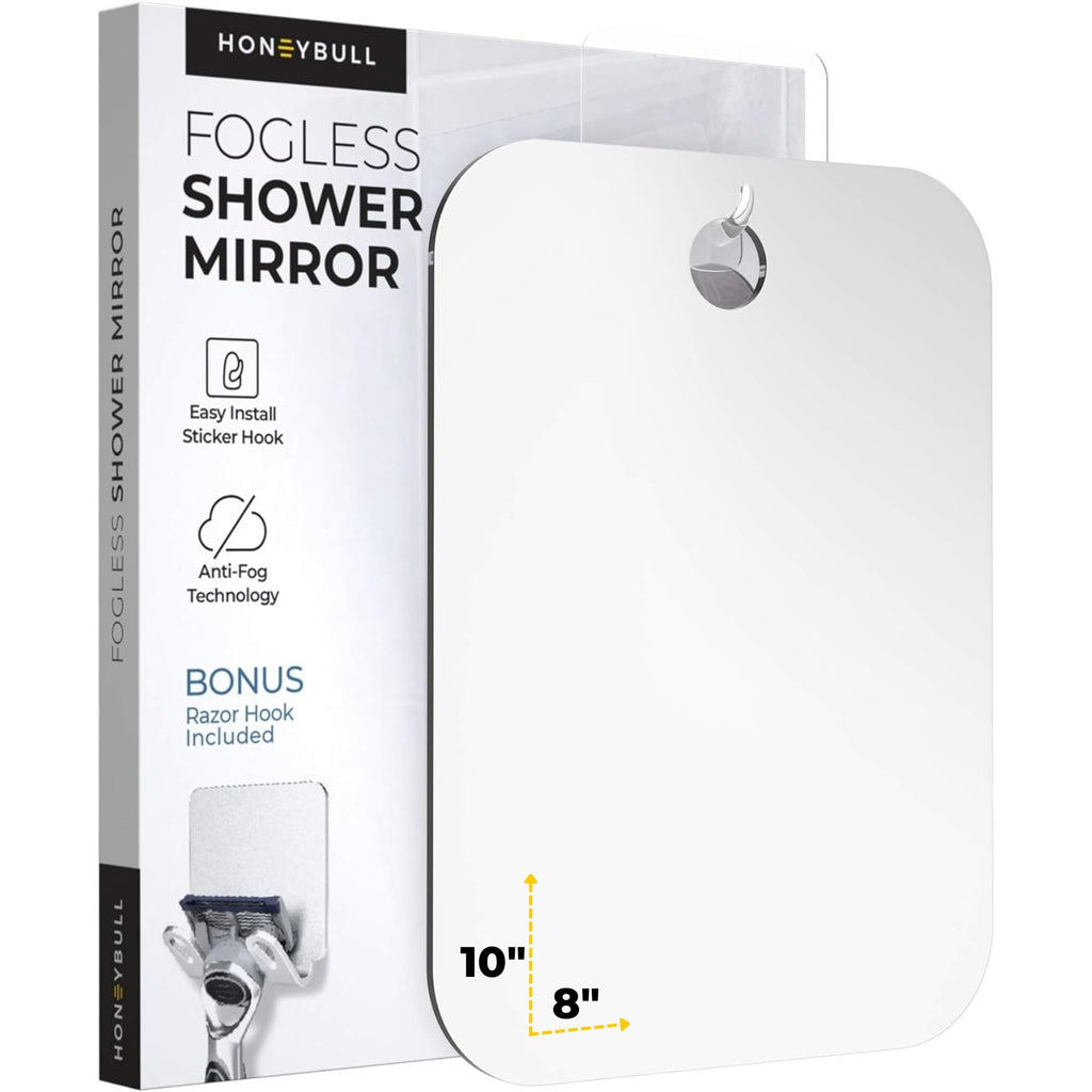 HONEYBULL Fogless Shower Mirror for Shaving – Anti-Fog Acrylic Mirror with Razor Holder, No-Drill Wall Mount, Flat Design for Steam Showers, Medium 6x8in