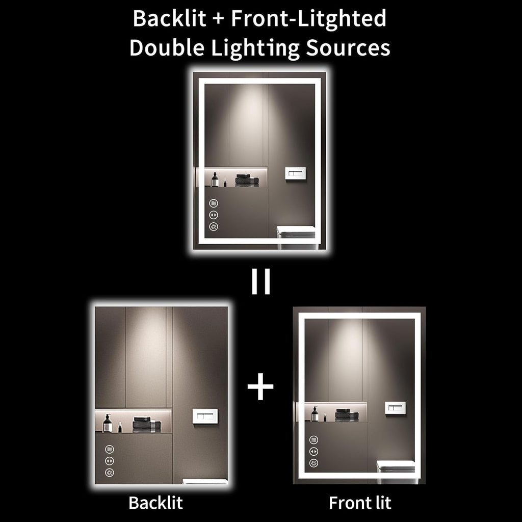 24×32 Front & Backlit LED Bathroom Vanity Mirror, Dimmable Anti-Fog Wall Mirror with Memory Shatterproof Tempered Glass ETL Listed