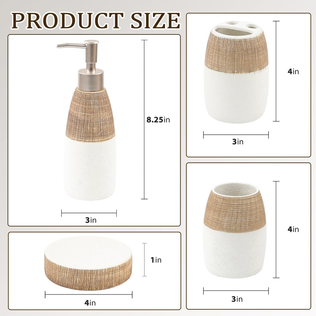 CERBIOR Bathroom Accessories Set,4 Pcs Ceramic Bathroom Decor Accessory,Includes Toothbrush Holder, Toothbrush Cup, Soap Dish for Decorative Countertop and Housewarming Gift, (Brown White)