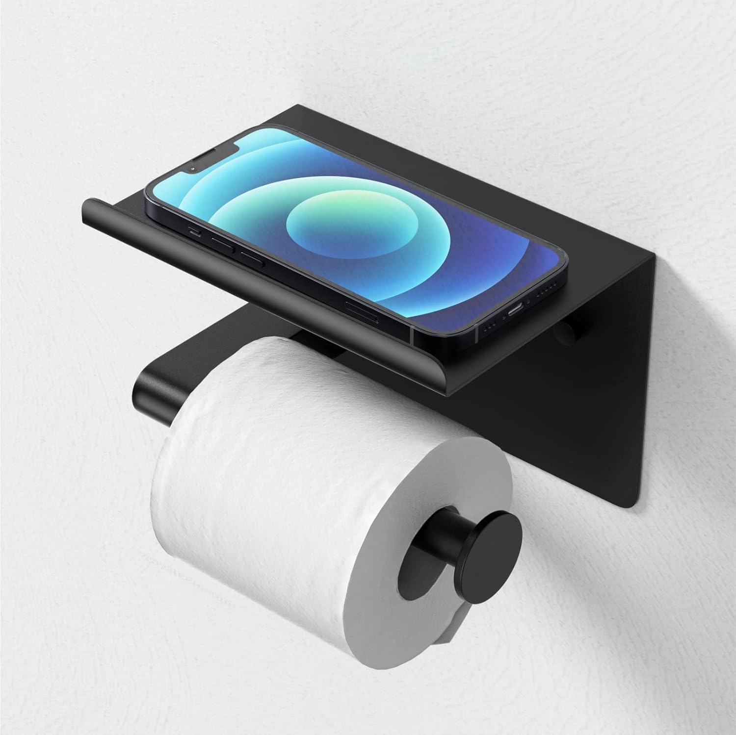 GLNLQ Matte Black Toilet Paper Holder with Shelf, Fits Mega Rolls, Rustproof Stainless Steel, Self Adhesive Wall Mount Toilet Paper Roll Holder, for Bathroom, Washroom, Kitchen, RV
