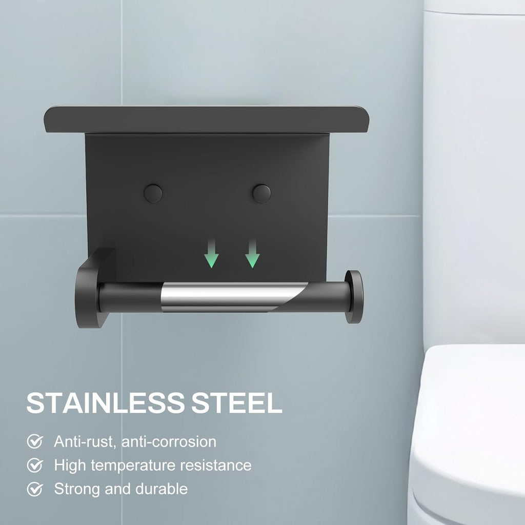 SetSail Toilet Paper Holder with Shelf Adhesive or Screw Bathroom Toilet Paper Roll Holders Wall Mount Matte Black Tissue Holder for Bathroom Hardware Accessories