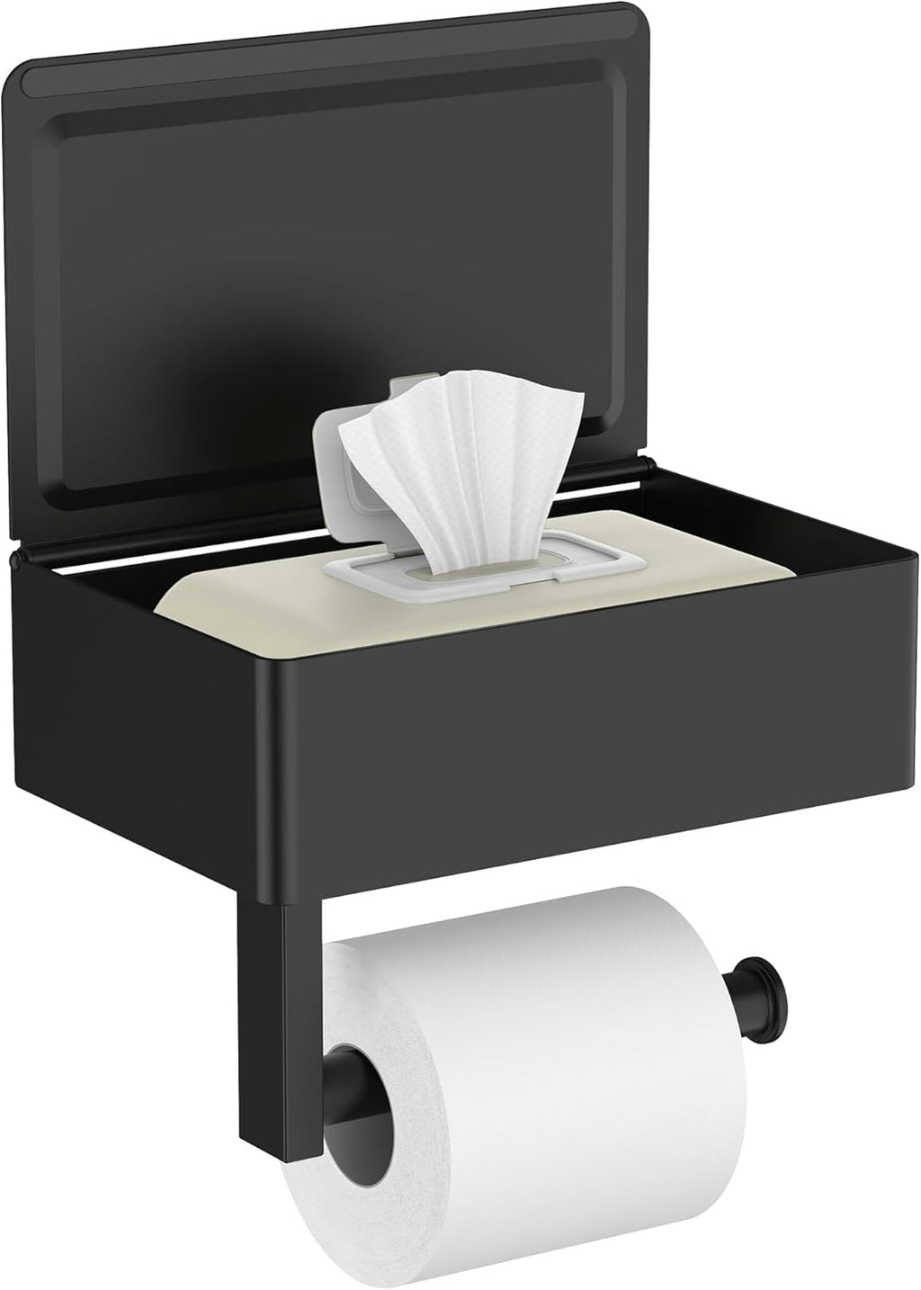 FORIOUS Toilet Paper Holder with Shelf, Sanitary Napkin Receptacle Tampon Holder, Wall Mount Toilet Paper Holder with Storage, Flushable Wipes Dispenser Fits for Bathroom Commercial(1, Matte Black)