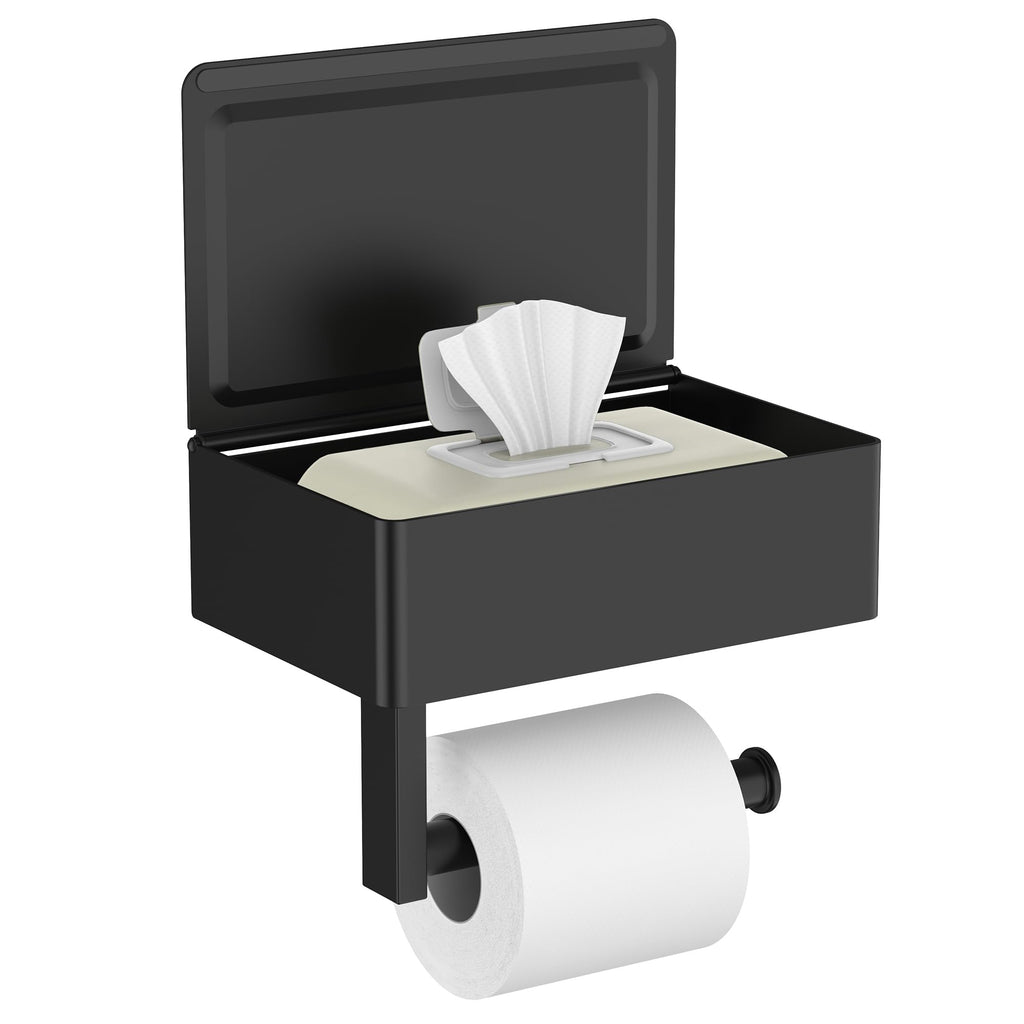FORIOUS Toilet Paper Holder with Shelf, Sanitary Napkin Receptacle Tampon Holder, Wall Mount Toilet Paper Holder with Storage, Flushable Wipes Dispenser Fits for Bathroom Commercial(1, Matte Black)