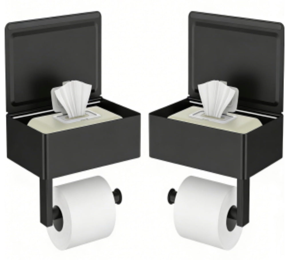 FORIOUS Toilet Paper Holder with Shelf, Sanitary Napkin Receptacle Tampon Holder, Wall Mount Toilet Paper Holder with Storage, Flushable Wipes Dispenser Fits for Bathroom Commercial(1, Matte Black)