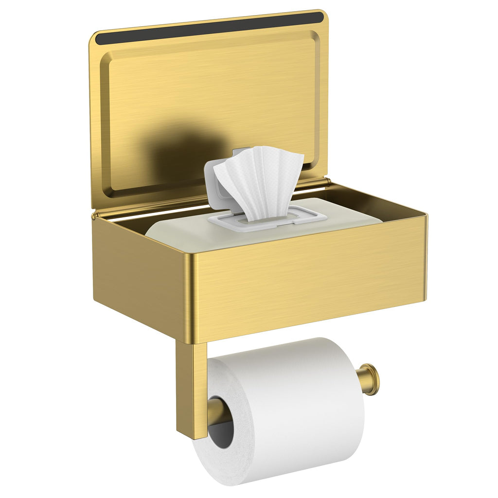 FORIOUS Toilet Paper Holder with Shelf, Sanitary Napkin Receptacle Tampon Holder, Wall Mount Toilet Paper Holder with Storage, Flushable Wipes Dispenser Fits for Bathroom Commercial(1, Matte Black)