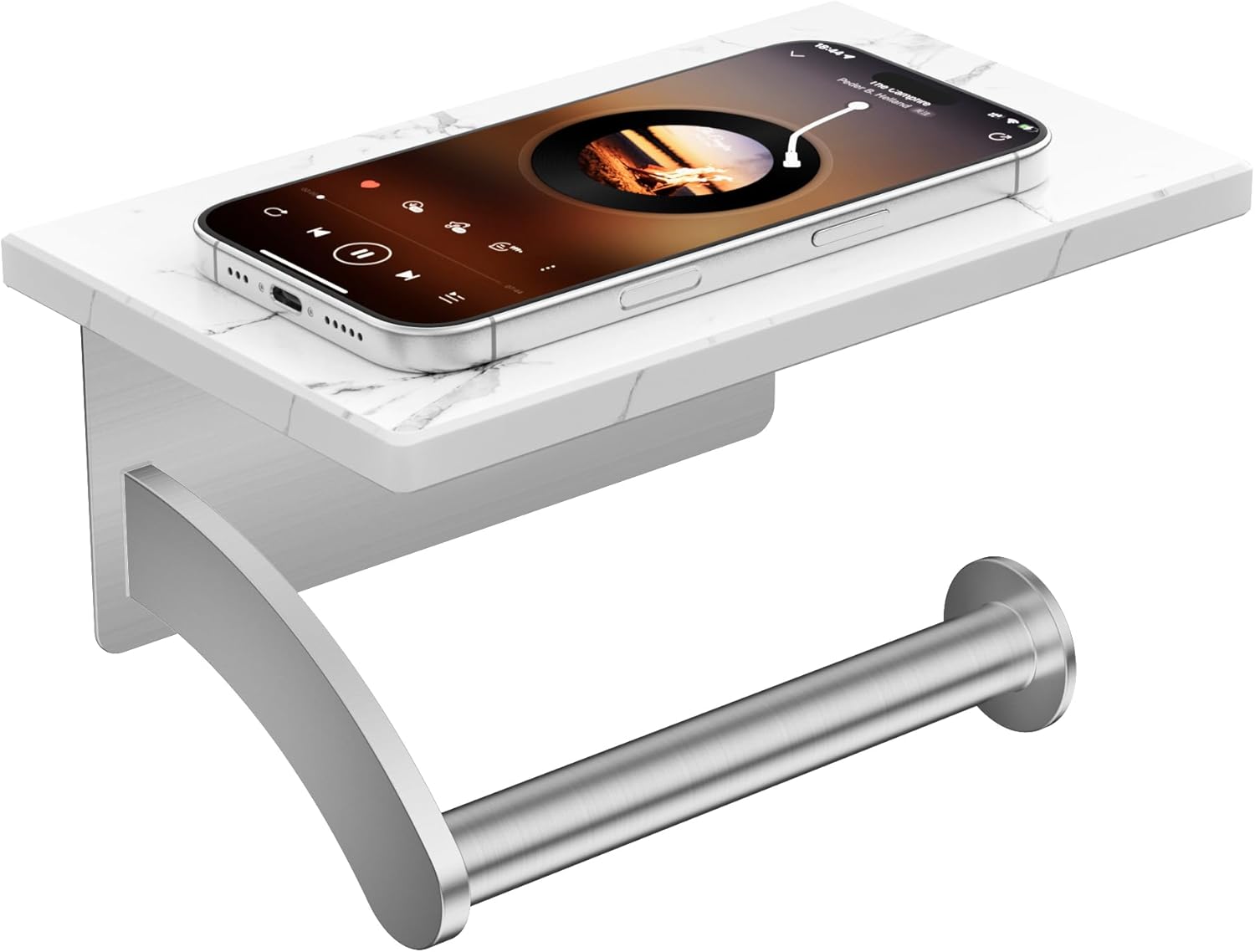 FORIOUS Toilet Paper Holder with Phone Shelf, Natural Marble Wall Mount Tissue Roll Holder for Bathroom, Washroom, 304 Stainless Steel Commercial Toilet Tissue Dispensers with Shelf, Brushed Nickel