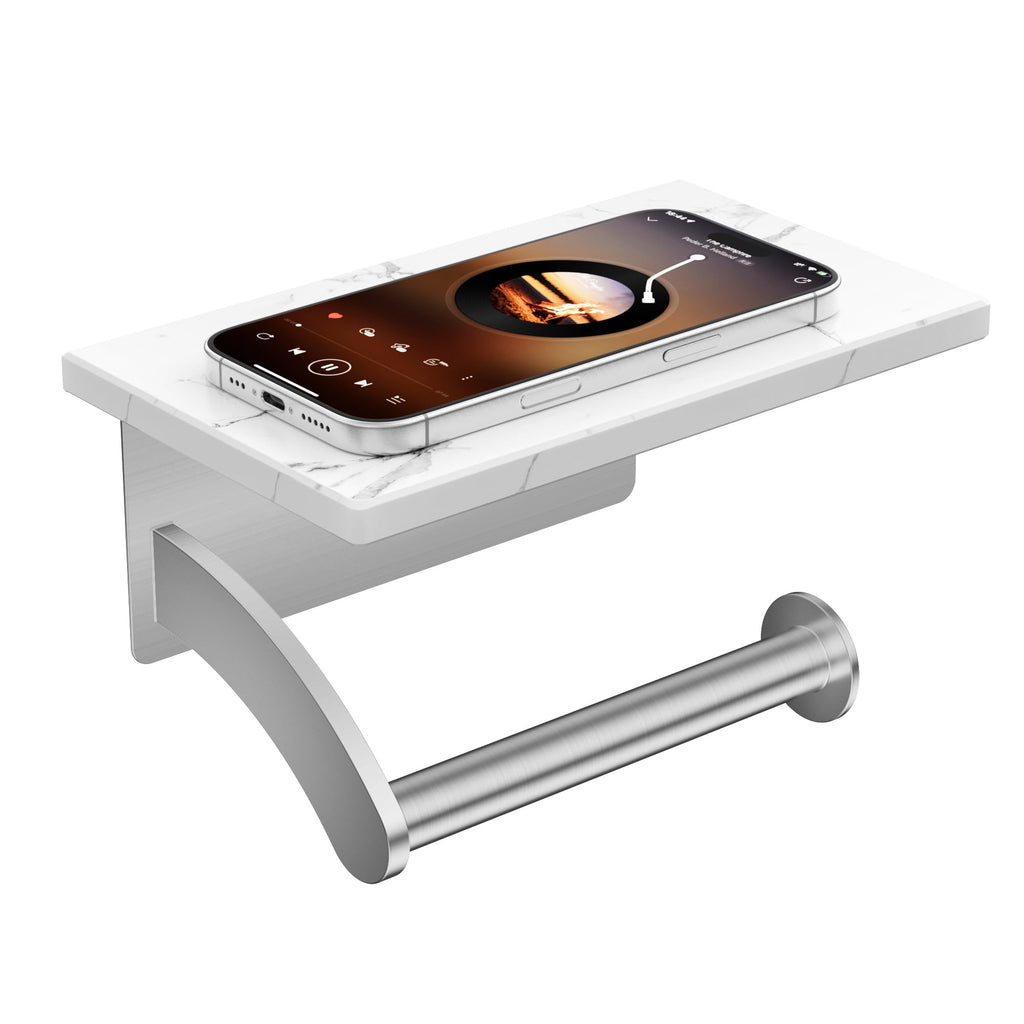 FORIOUS Toilet Paper Holder with Phone Shelf, Natural Marble Wall Mount Tissue Roll Holder for Bathroom, Washroom, 304 Stainless Steel Commercial Toilet Tissue Dispensers with Shelf, Brushed Nickel