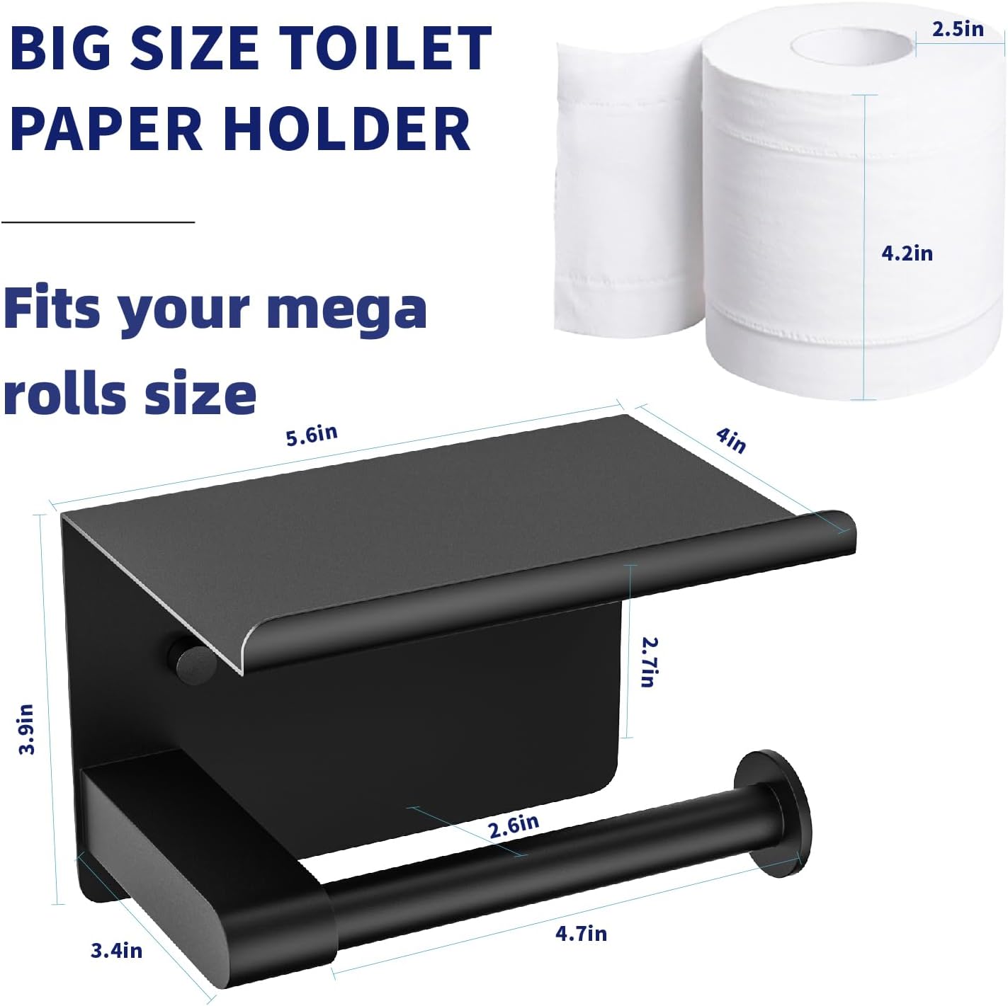 GLNLQ Matte Black Toilet Paper Holder with Shelf, Fits Mega Rolls, Rustproof Stainless Steel, Self Adhesive Wall Mount Toilet Paper Roll Holder, for Bathroom, Washroom, Kitchen, RV