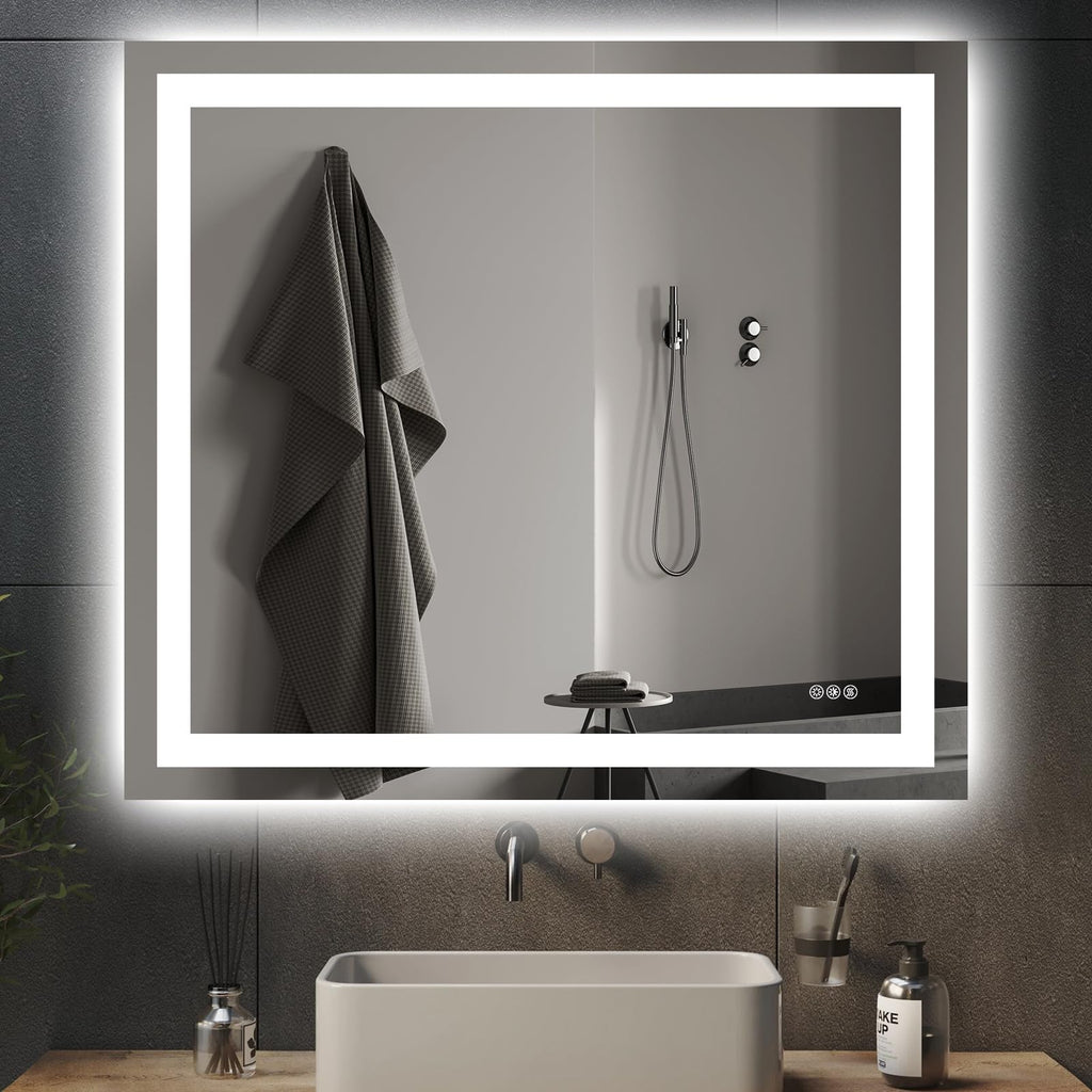 Hivone 40X32 LED Bathroom Mirror with Lights, Anti-Fog, Dimmable, Backlit + Front Lit, Smart Bathroom Vanity Mirror, Memory Function, Shatterproof, Tempered Glass (Horizontal/Vertical)