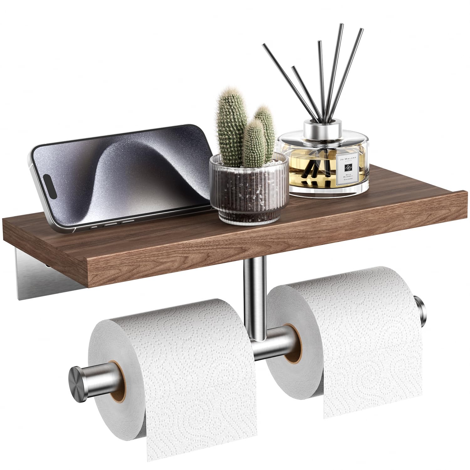 Walnut Matte Black Stainless Steel Wall Mount Toilet Paper Holder with Storage Shelf Bathroom Restroom Decor Accessory