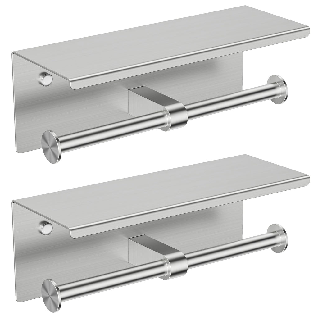 FORIOUS Double Toilet Paper Holder with Shelf, Wall Mount Tissue Roll Holder for Bathroom, 304 Stainless Steel Commercial Toilet Paper Dispensers with Phone Shelf (1, Brushed Nickel)