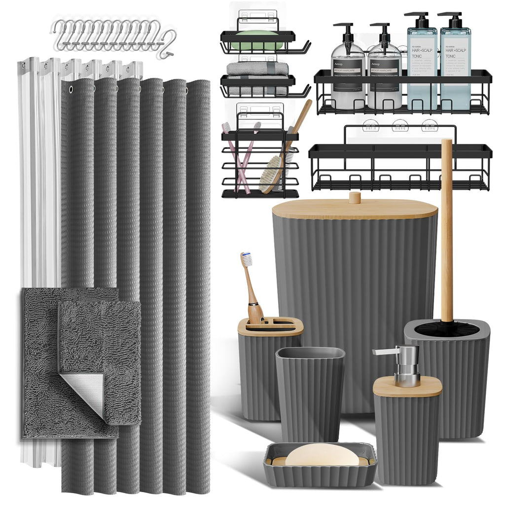 Clara Clark Bathroom Accessories Set - Bathroom Set, Bathroom Accessory Set, Shower Curtain Set, Toilet Brush, Trash Can & Soap Dispenser - Navy - 20PC