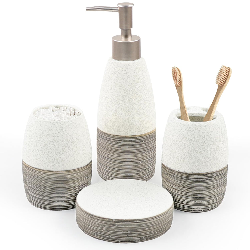 CERBIOR Bathroom Accessories Set,4 Pcs Ceramic Bathroom Decor Accessory,Includes Toothbrush Holder, Toothbrush Cup, Soap Dish for Decorative Countertop and Housewarming Gift, (Brown White)