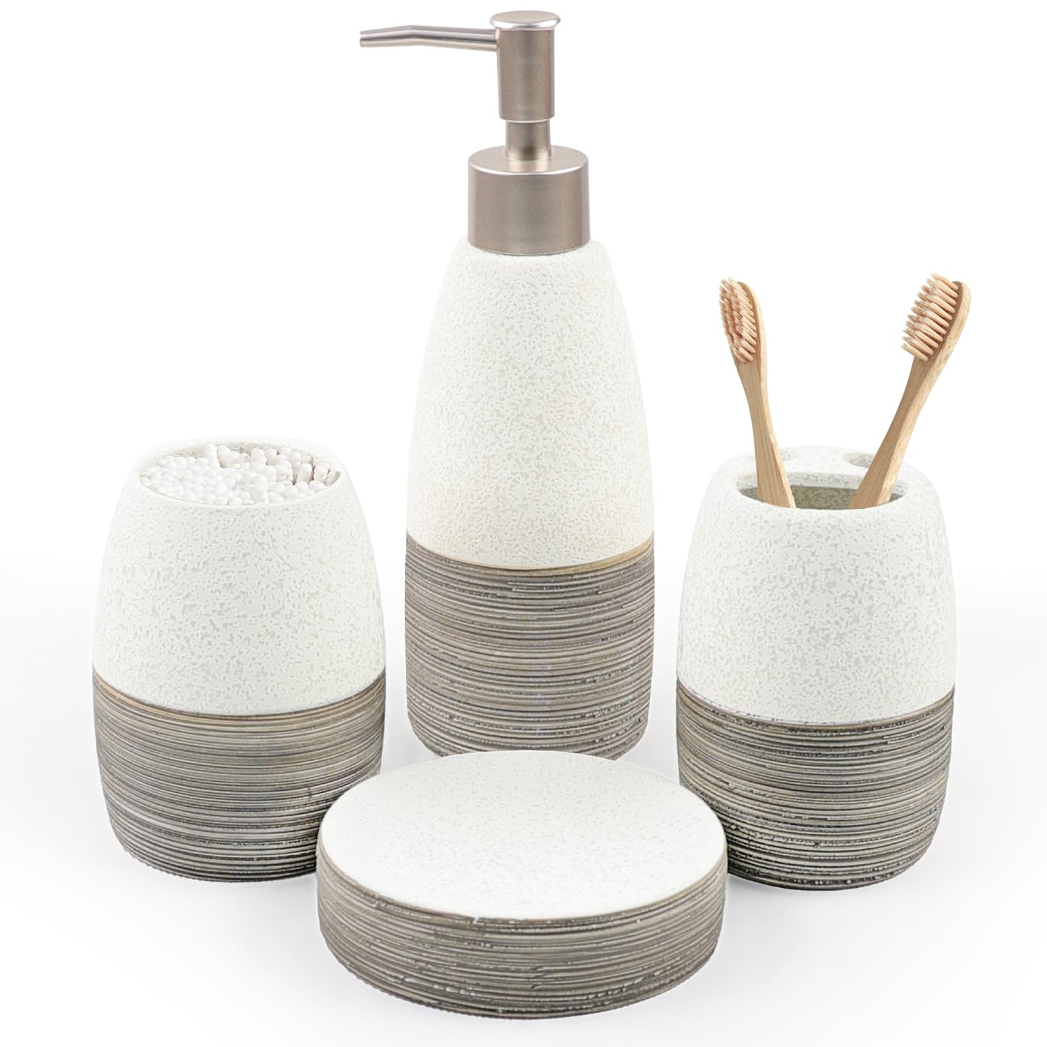 CERBIOR Bathroom Accessories Set,4 Pcs Ceramic Bathroom Decor Accessory,Includes Toothbrush Holder, Toothbrush Cup, Soap Dish for Decorative Countertop and Housewarming Gift, (Brown White)