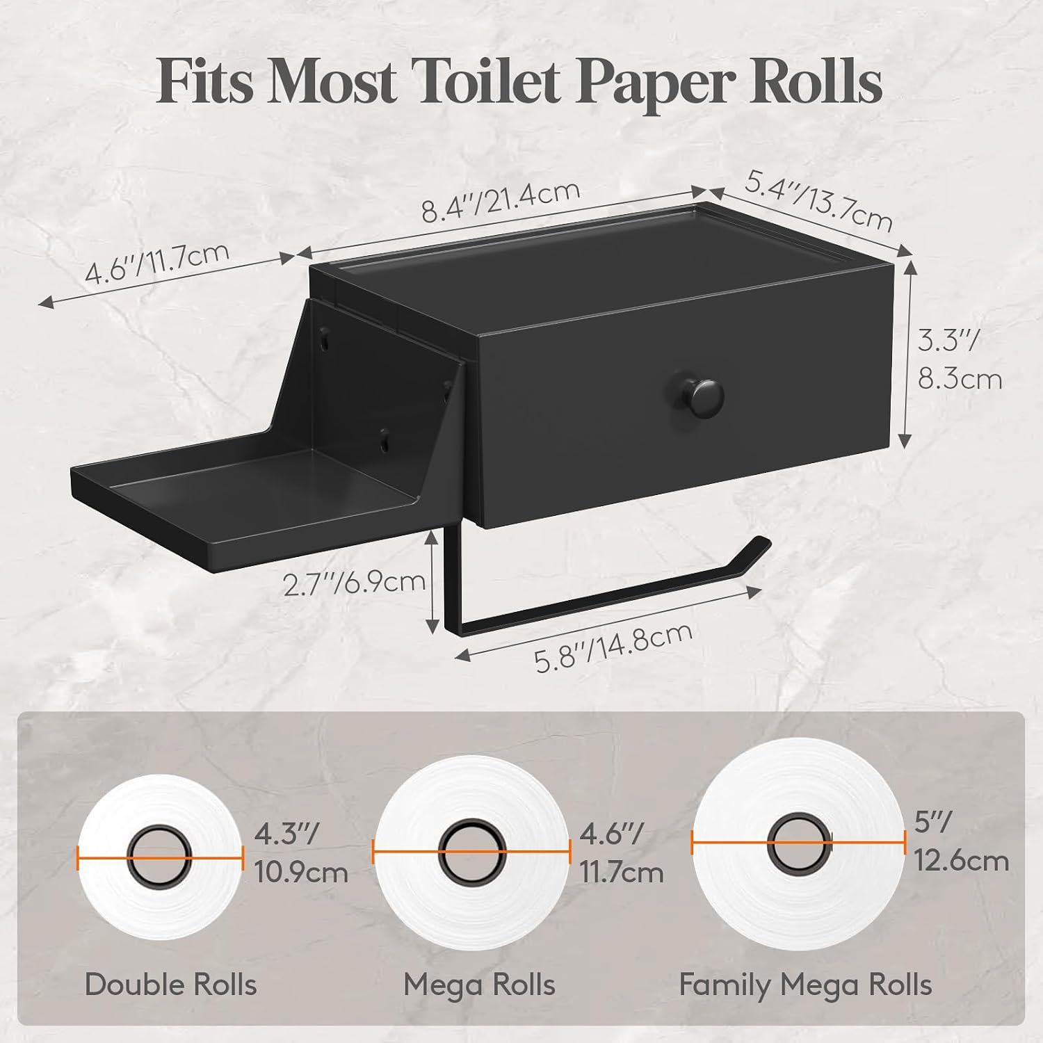 Lifewit Plastic Toilet Paper Holder with Shelf and Drawer, Screw or Adhesive Wall Mount Tissue Roll Storage, Sturdy Bathroom Wipes Dispenser Organizer, Black, 1 Pack
