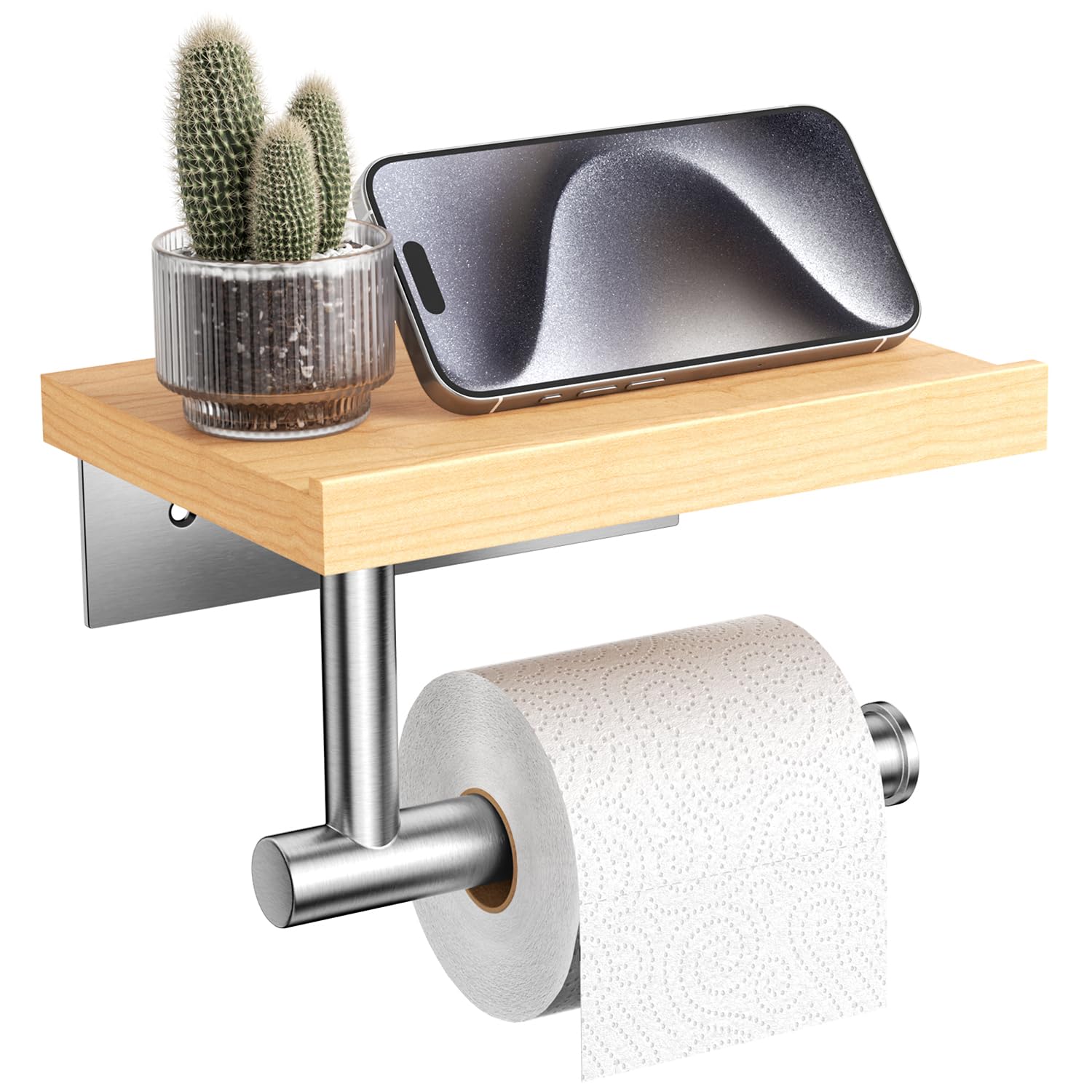 Walnut Matte Black Stainless Steel Wall Mount Toilet Paper Holder with Storage Shelf Bathroom Restroom Decor Accessory