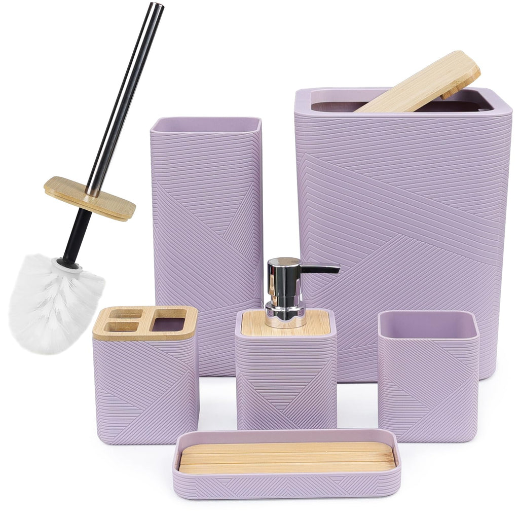 CERBIOR Bathroom Accessories Set 6 Piece Bamboo Bath Ensemble Includes Soap Dispenser, Toothbrush Holder, Toothbrush Cup, Soap Dish for Decorative Countertop and Housewarming Gift (Black)