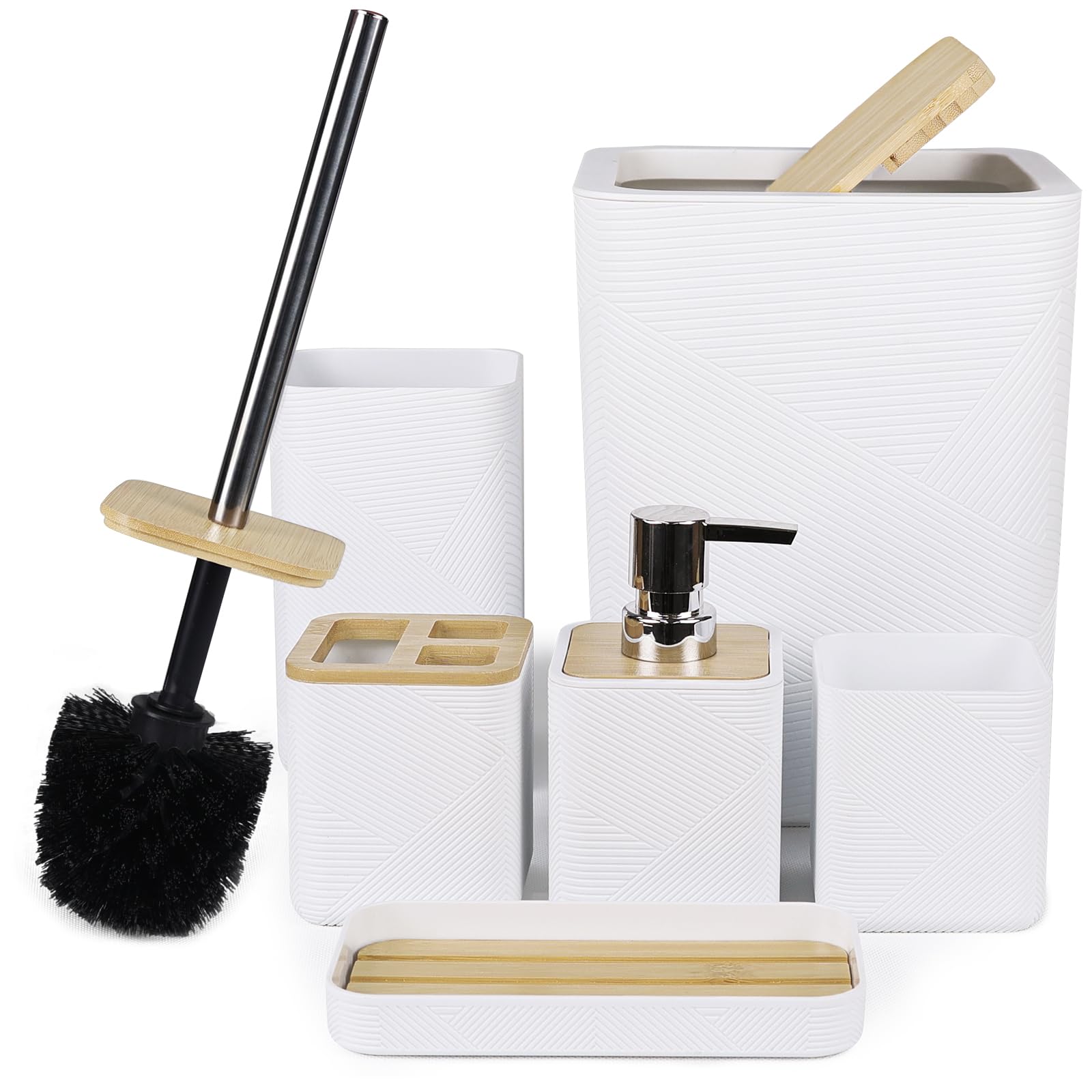 CERBIOR Bathroom Accessories Set 6 Piece Bamboo Bath Ensemble Includes Soap Dispenser, Toothbrush Holder, Toothbrush Cup, Soap Dish for Decorative Countertop and Housewarming Gift (Black)