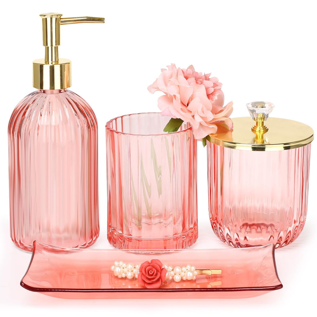 Haturi Bathroom Accessories Set, 4Pcs Sage Green Glass Bathroom Set Complete w/Bathroom Soap Dispenser Set, Toothbrush Holder, Qtip Holder, Soap Dish, Green Bathroom Decor, Gift for Home Apartment