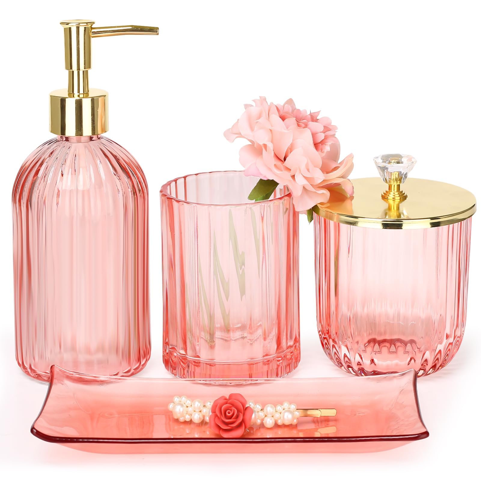 Haturi Bathroom Accessories Set, 4Pcs Sage Green Glass Bathroom Set Complete w/Bathroom Soap Dispenser Set, Toothbrush Holder, Qtip Holder, Soap Dish, Green Bathroom Decor, Gift for Home Apartment