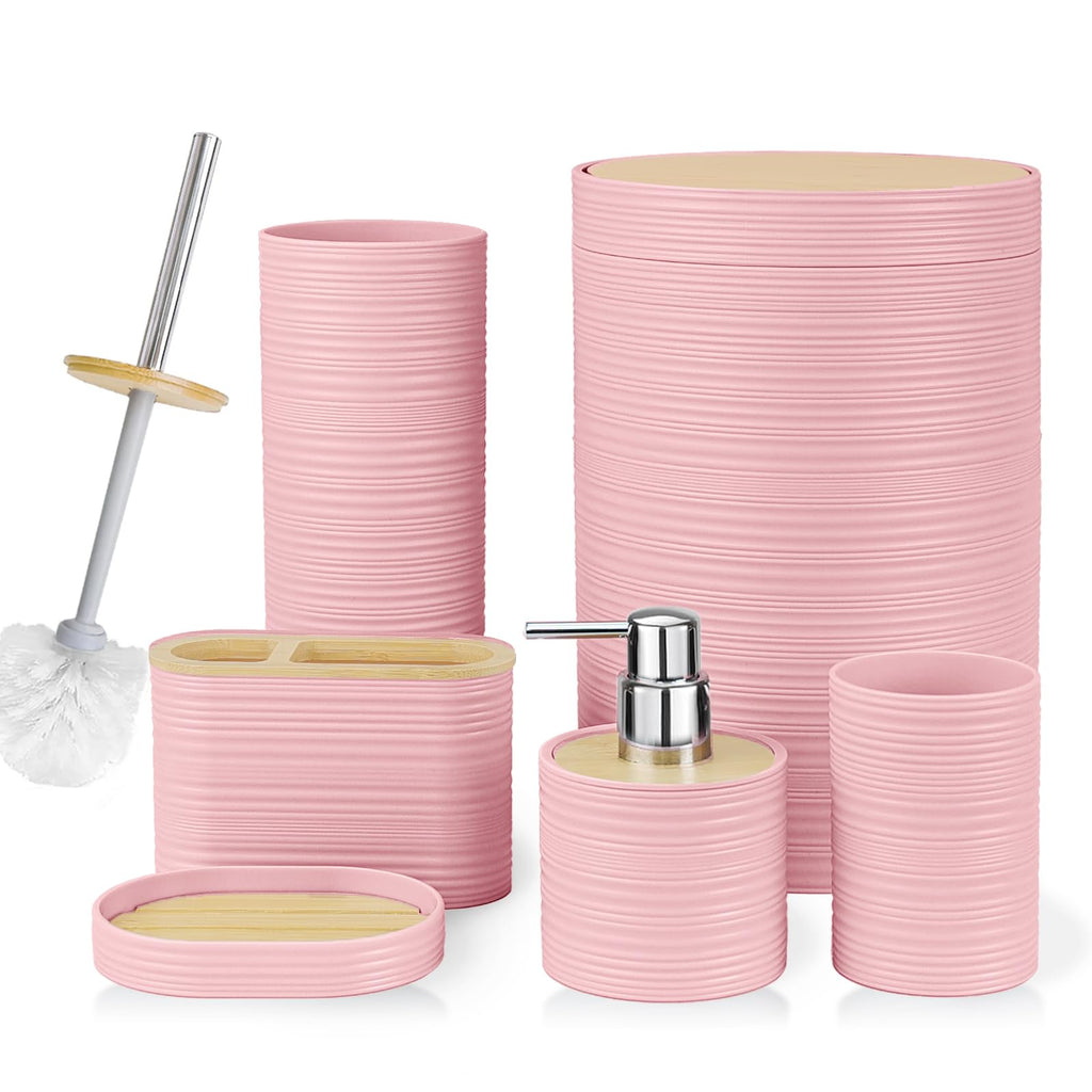 CERBIOR Bathroom Accessories Set 6 Piece Bamboo Bath Ensemble Includes Soap Dispenser, Toothbrush Holder, Toothbrush Cup, Soap Dish for Decorative Countertop and Housewarming Gift, Sriral Green